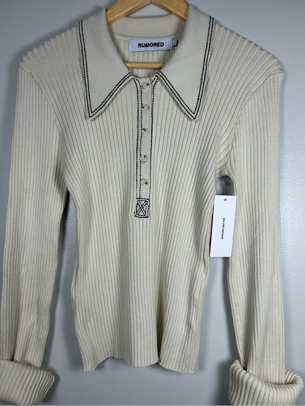 Rumored Ribbed Long Sleeve Polo Sweater Knit Top Cream Contrast Stitch - Picture 5 of 12